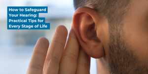 Close up image of man's ear with hand behind in an active hearing position